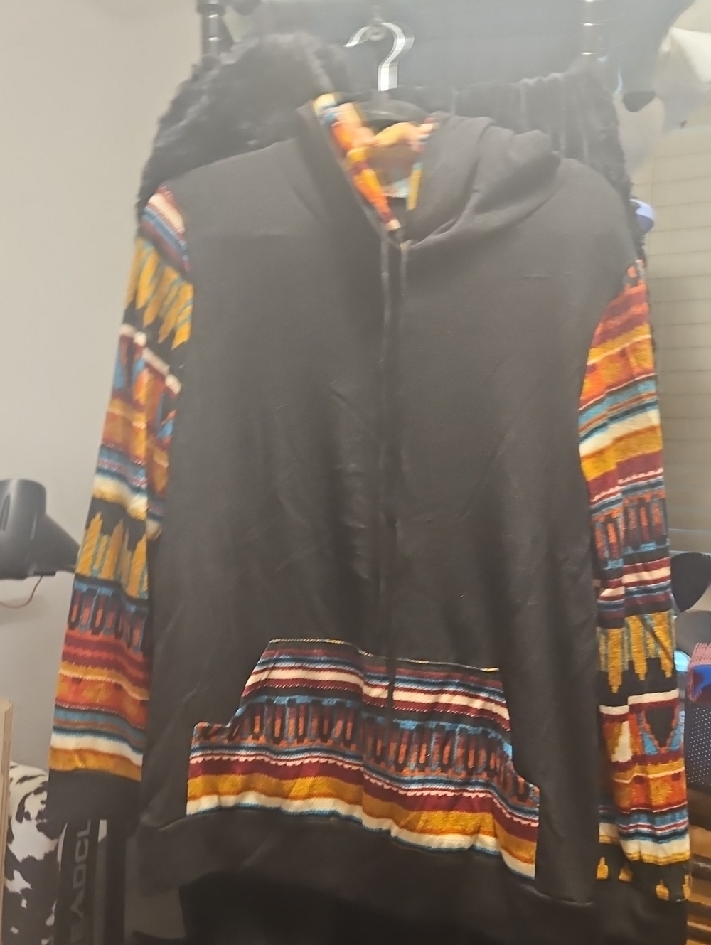 Black Hoodie with Multicolor Aztec Sleeves - Women
